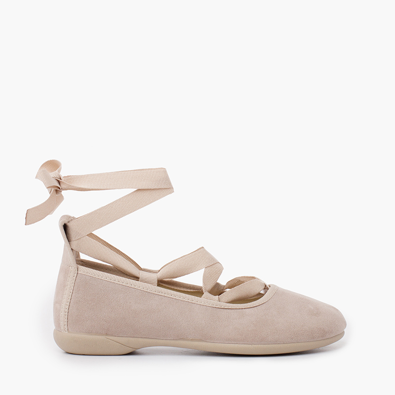 Ballerines pour Fille et Femme Effet Daim Avec Rubans Beige