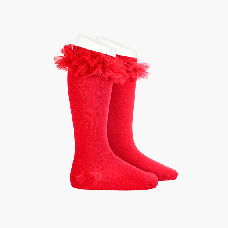 Chaussettes hautes unies avec bande de tulle Rouge