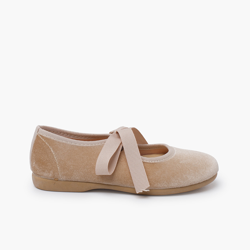 Chaussures babies velours avec nœud gros-grain filles  Beige