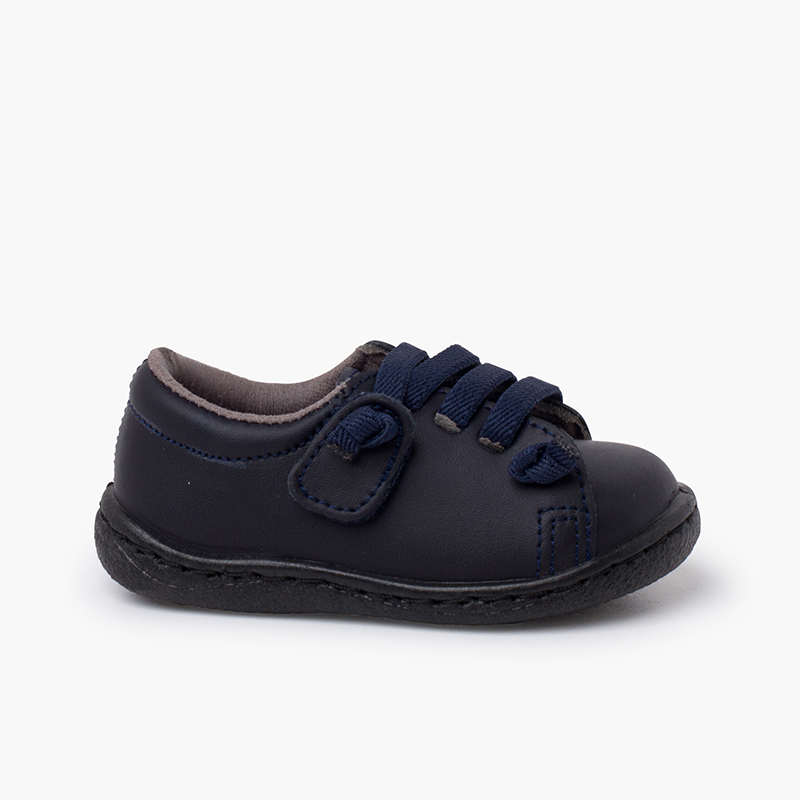 Baskets cuir lavable lacets élastiques Bleu Marine