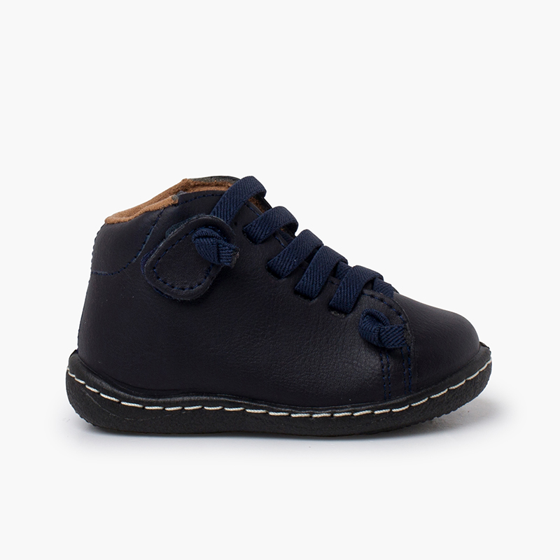Bottines cuir lavable enfants lacets élastiques Bleu Marine