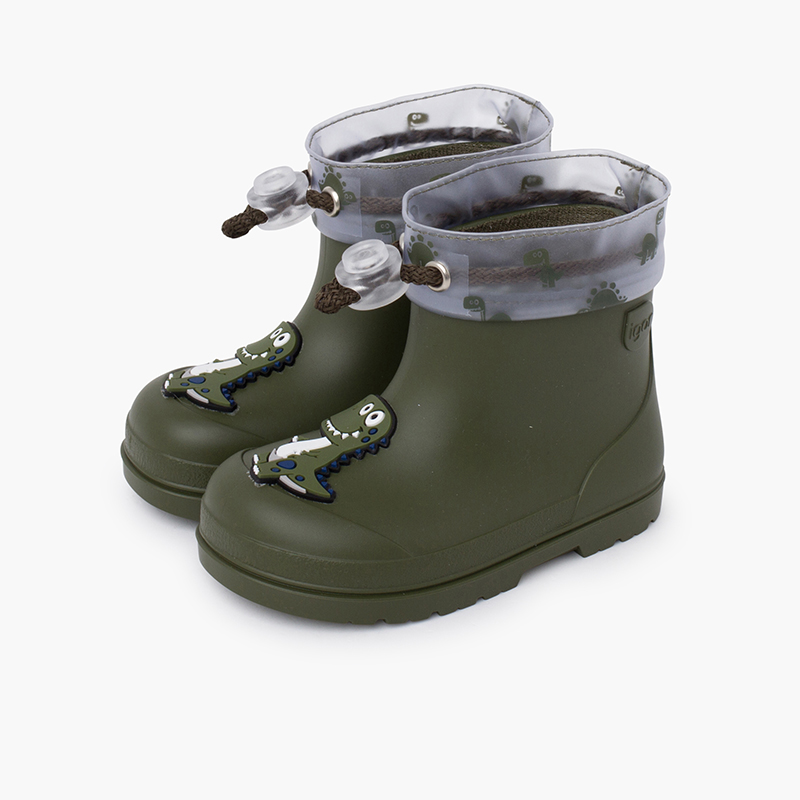 Bottines de pluie ajustables dinosaure barefoot Kaki