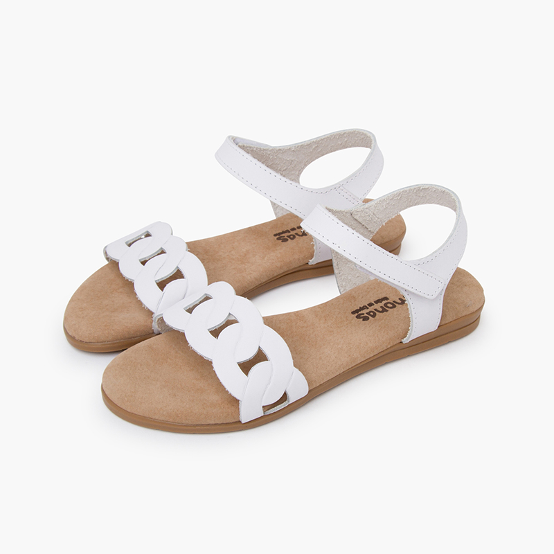 Sandales en cuir maillons bride à scratch Blanc