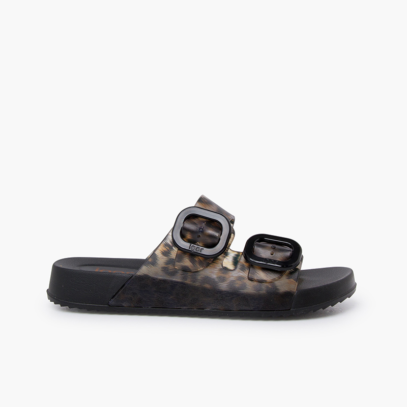Sandales caoutchouc Habana double boucle imprimé animal Noir