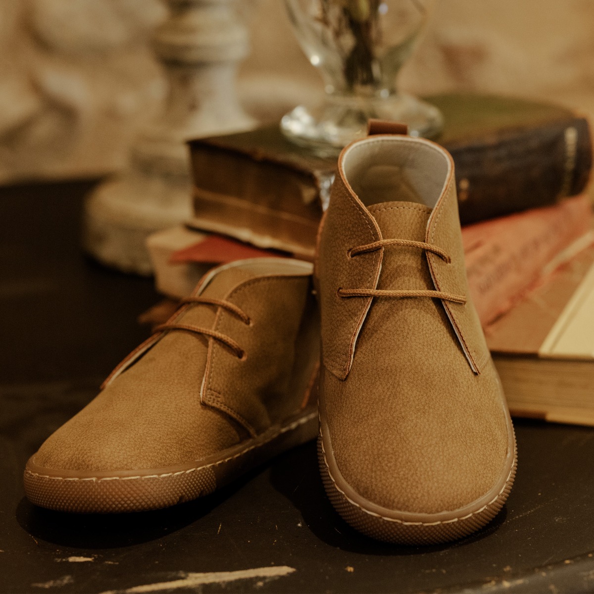 Bottes garçon barefoot lacets talon cuir Chameau