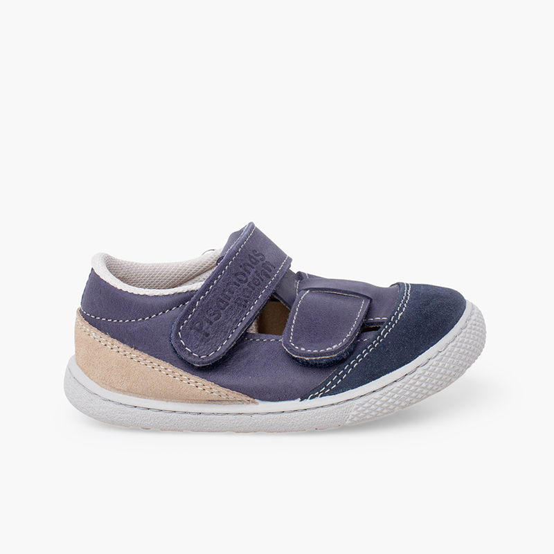 Sandales barefoot cuir enfant à double bride Bleu Marine