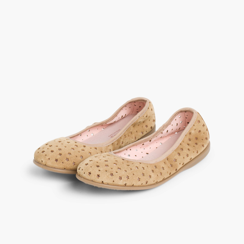Ballerines pour Fille et Femme En Suède Elastiques Perforées D’étoiles Beige