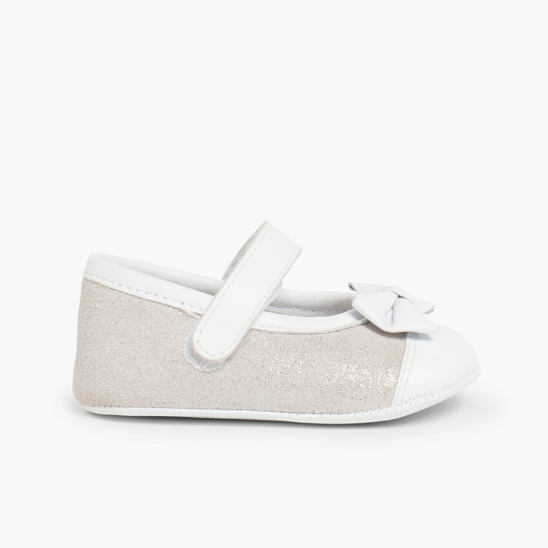 Chaussures Babies à à scratch en Cuir Nappa et Cuir Suédé Brillant Argent