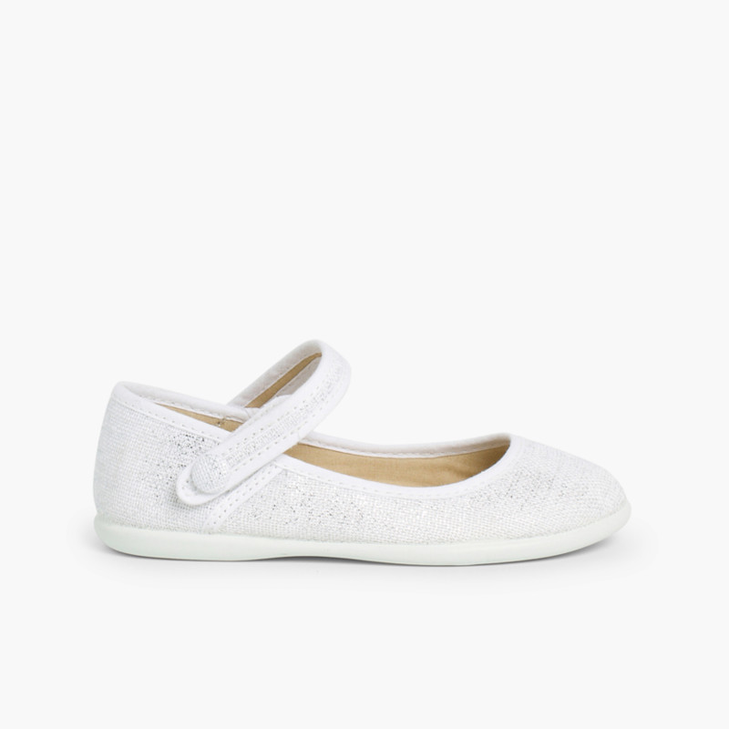 Chaussures babies à scratch en lin métalisé Blanc