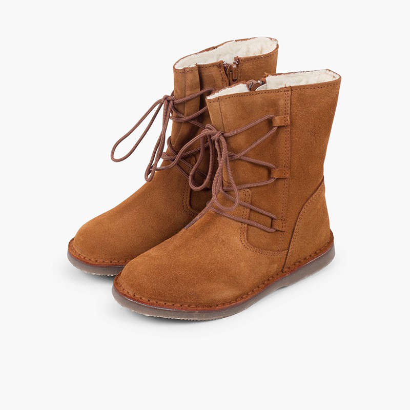 Bottes fille façon peau de mouton avec lacets croisés et fermeture éclair Chameau