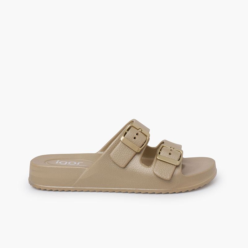 Sandales fille et femme double boucle couleurs métalliques